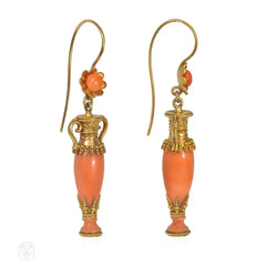 Victorian gold and coral Etruscan Revival urn earrings