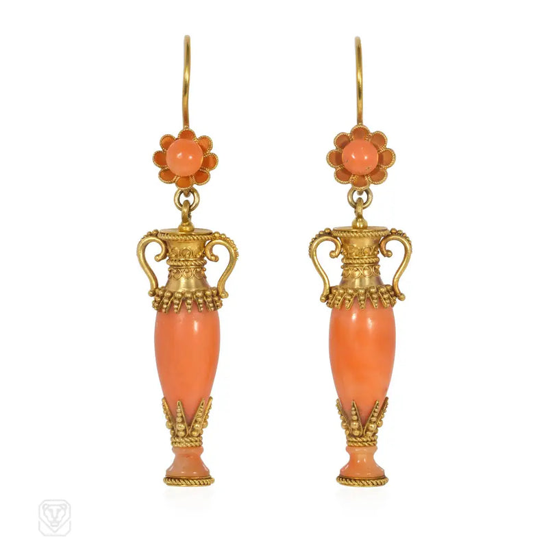 Victorian Gold And Coral Etruscan Revival Urn Earrings