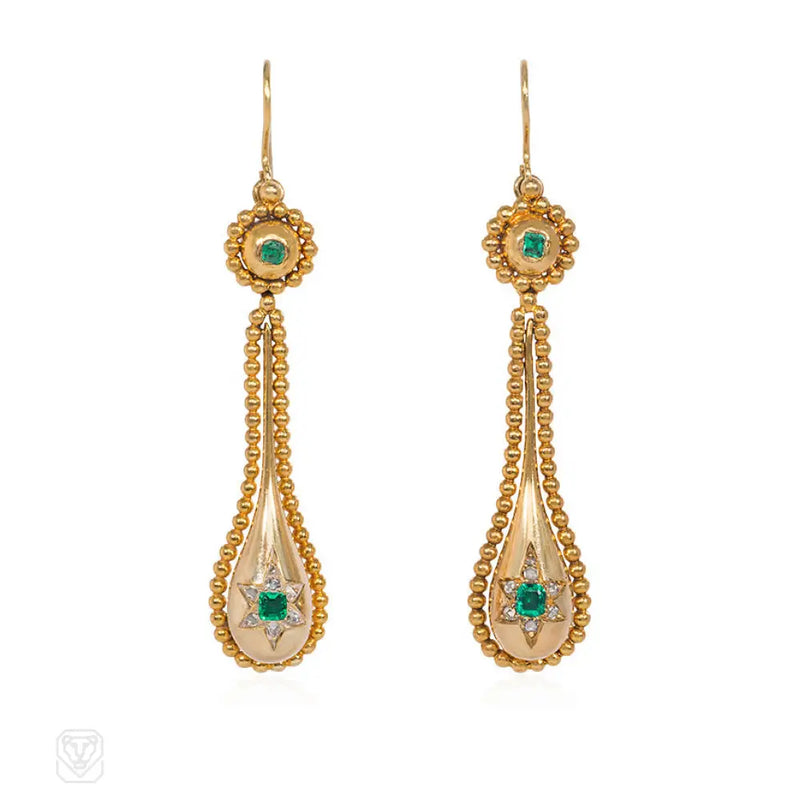 Victorian Gold Emerald And Diamond Pendant Earrings