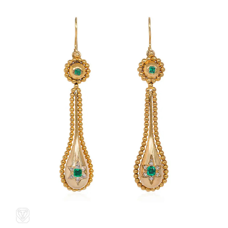 Victorian gold emerald and diamond pendant earrings