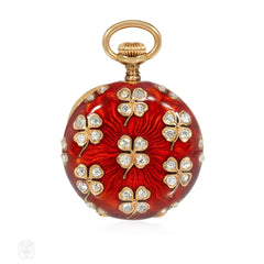 Victorian red guilloché enamel, diamond, and gold watch pendant