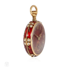 Victorian red guilloché enamel, diamond, and gold watch pendant