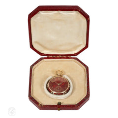 Victorian red guilloché enamel, diamond, and gold watch pendant
