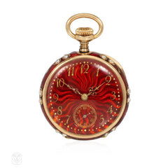 Victorian red guilloché enamel, diamond, and gold watch pendant