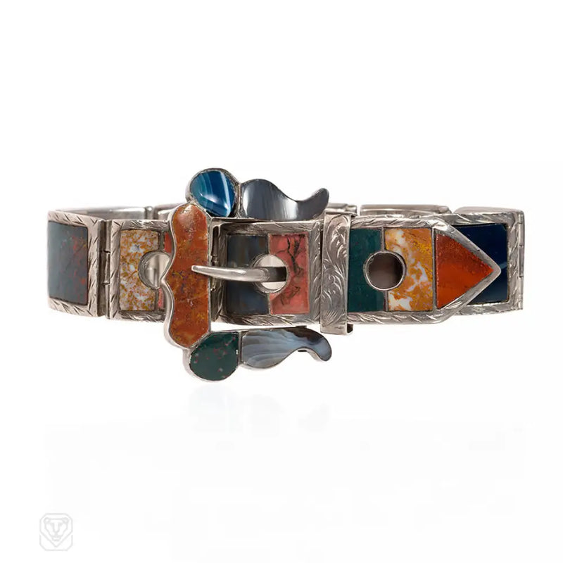 Victorian Scottish Agate And Silver Belt Buckle Bracelet