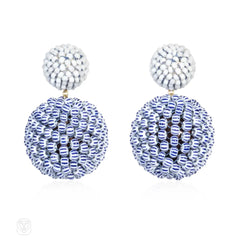 White and blue hand beaded ball earrings