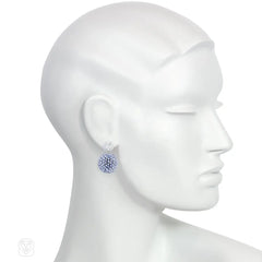 White and blue hand beaded ball earrings
