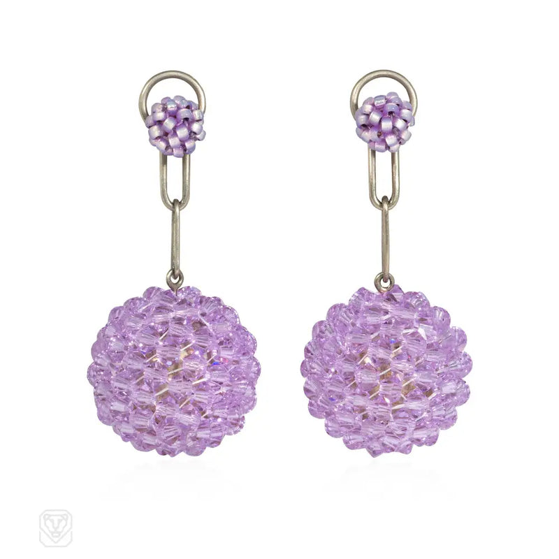 White Gold And Lavender Glass Crystal Beaded Ball Ear Clips