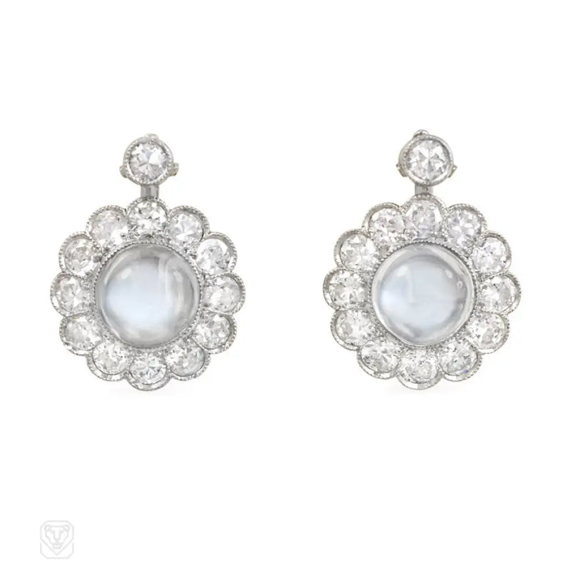 White Gold Diamond And Moonstone Cluster Design Earrings